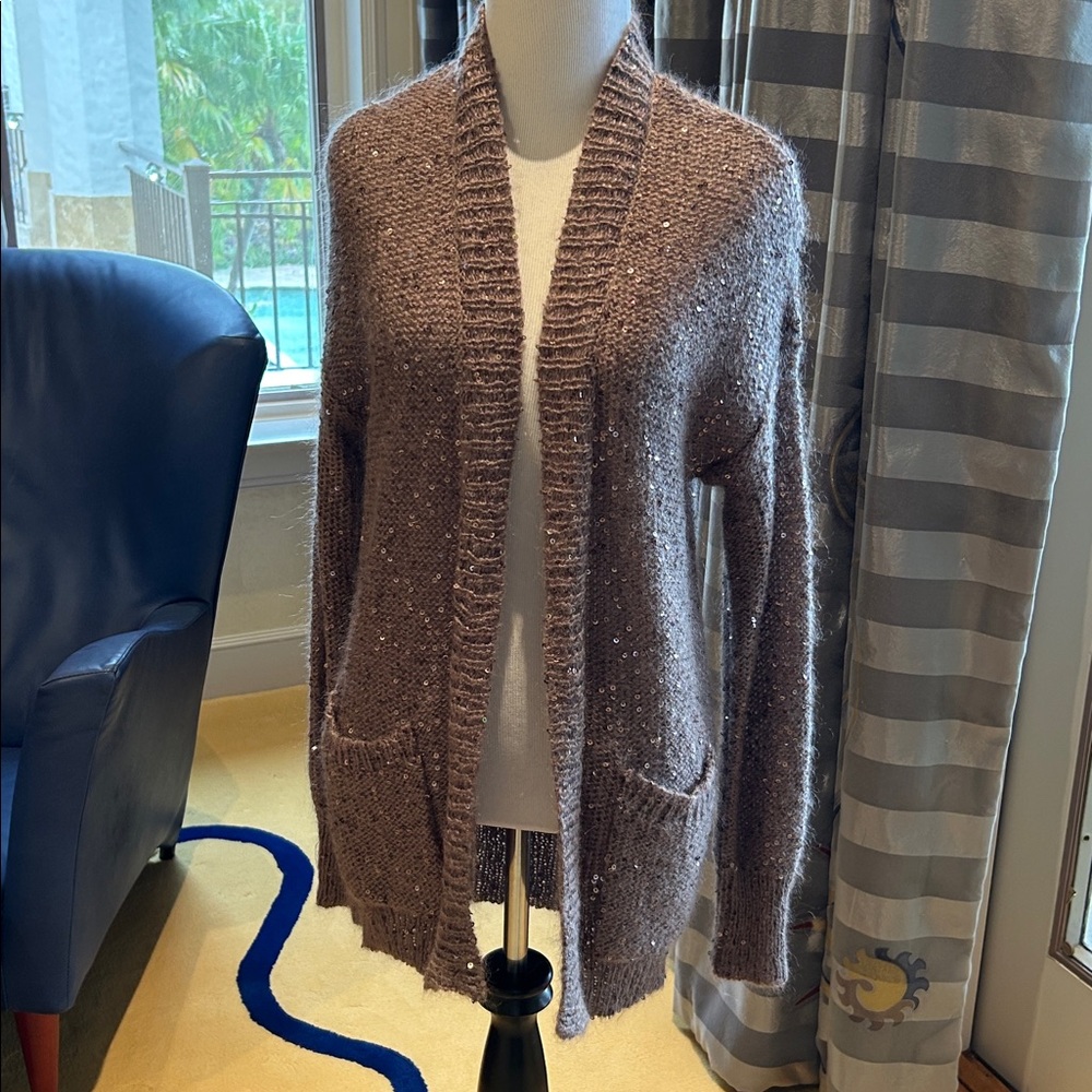 Express Light Brown Sequined Opened Cardigan - image 1
